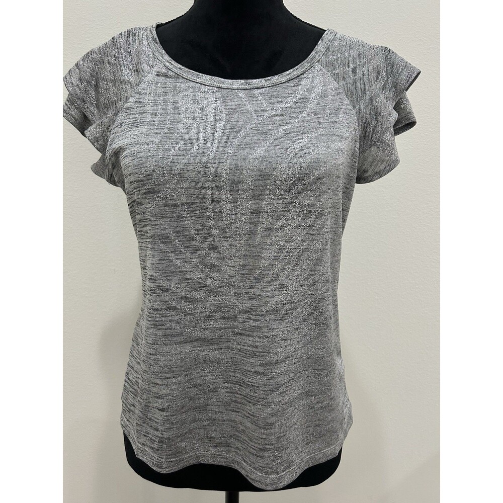 White House Black Market Womens S Sm Top Silver Flutter Sleeves Pullover  Shiny